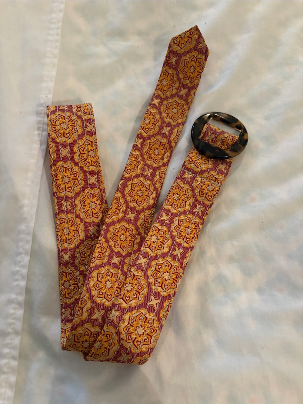 J.Crew Yellow & Rust Patterned Fabric Belt with Tortoiseshell Buckle